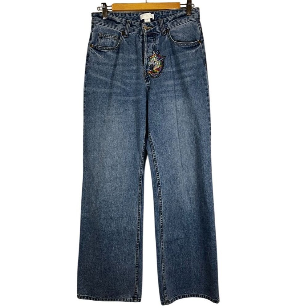 H&M Denim Wide Leg Jeans Blue 6 Unicorn Sequin Western Festival Concert Fairy